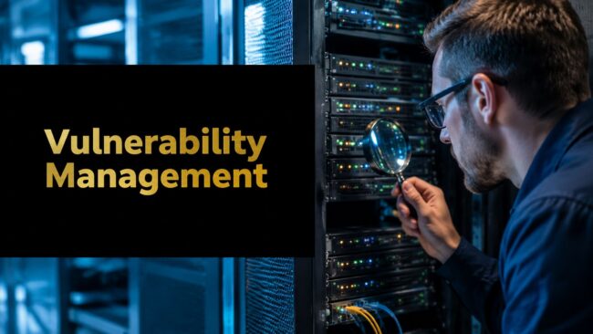 what-is-vulnerability-management-server-inspection IT professional in a data center inspects a server rack with a magnifying glass near a 'Vulnerability Management' panel.