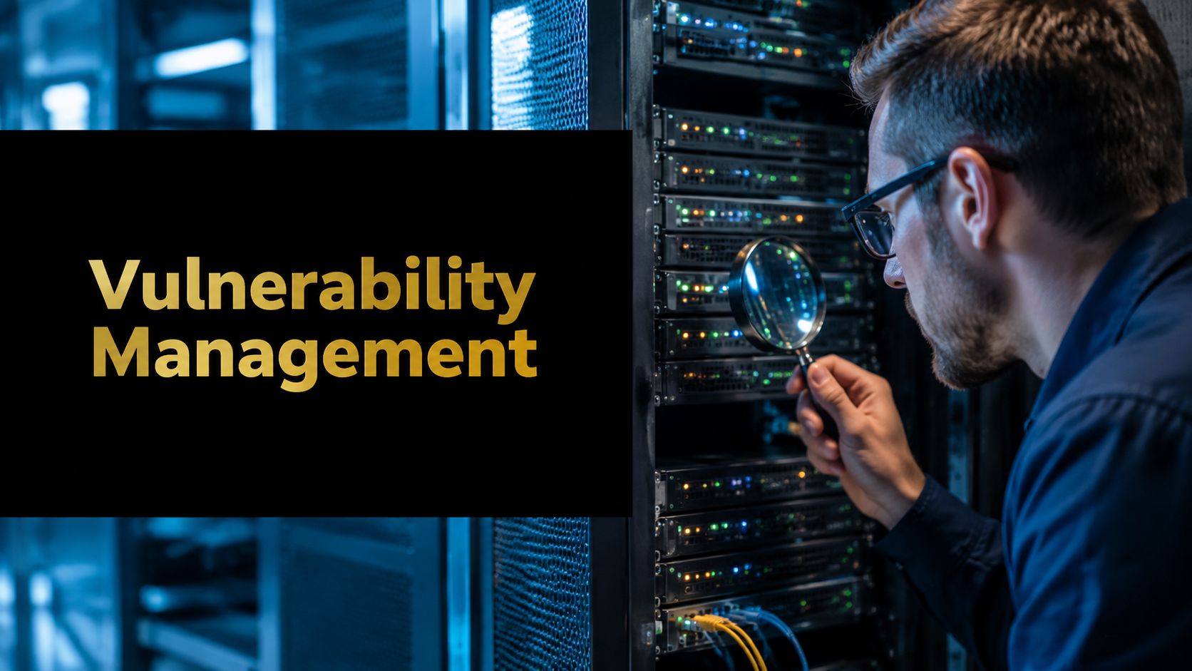 IT professional in a data center inspects a server rack with a magnifying glass near a 'Vulnerability Management' panel.