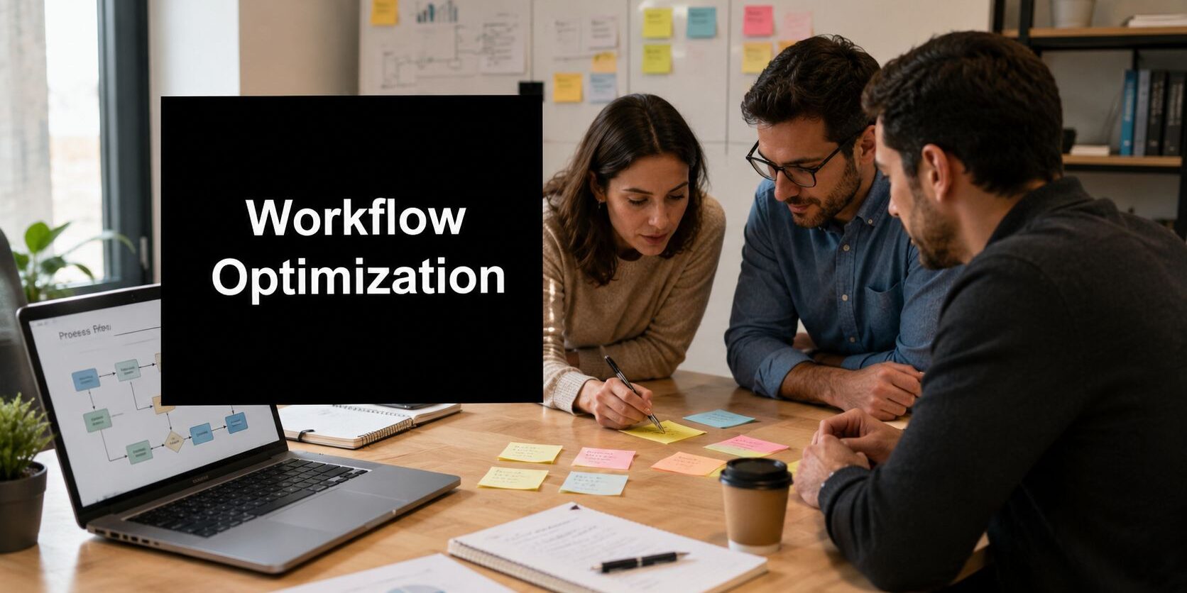 Team of three professionals collaborates around a table with sticky notes, a laptop, and notebooks for a workflow optimization session.