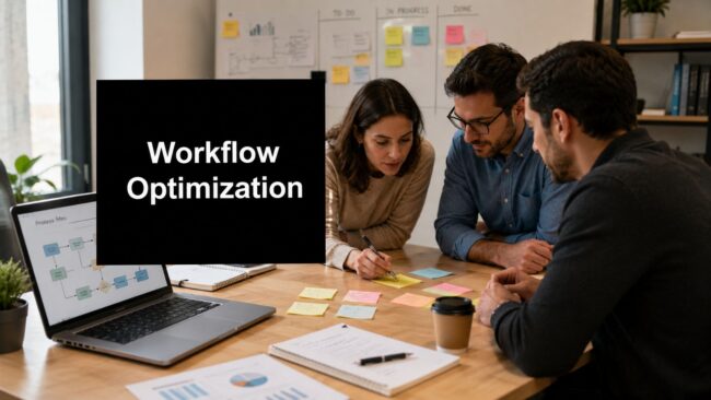 workflow-optimization-team-collaboration Team of three professionals collaborates around a table with sticky notes, a laptop, and notebooks for a workflow optimization session.