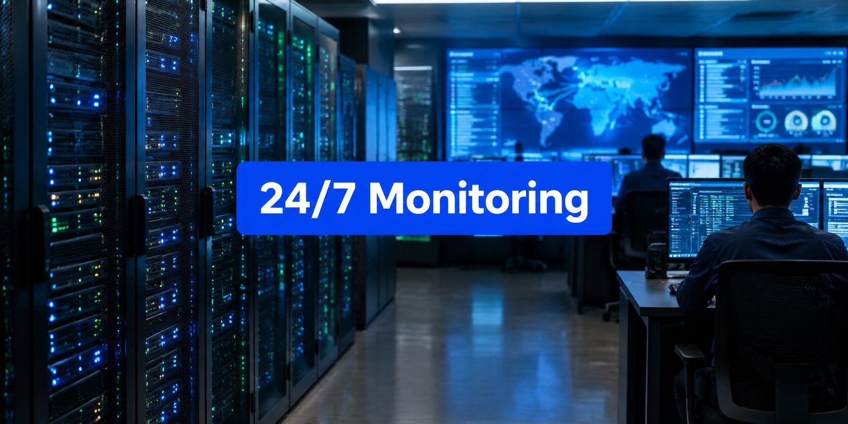 Data center with server racks and blue glow, and a prominent '24/7 Monitoring' banner across the image.