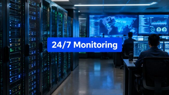 24-7-network-monitoring-data-center Data center with server racks and blue glow, and a prominent '24/7 Monitoring' banner across the image.