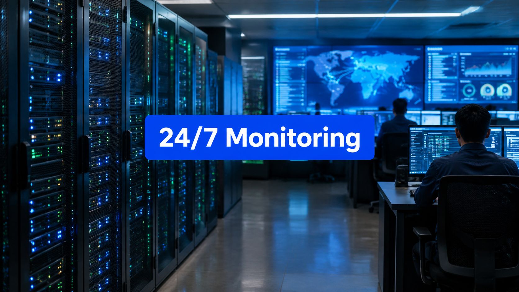 Data center with server racks and blue glow, and a prominent '24/7 Monitoring' banner across the image.