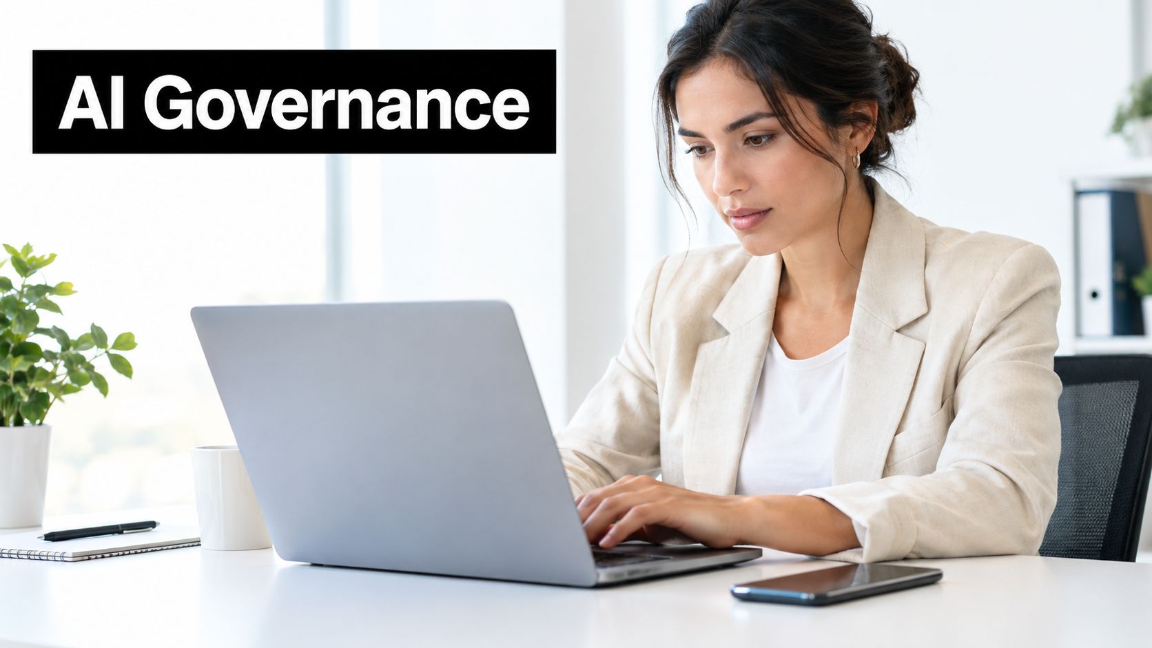 A professional woman working on a laptop at a bright office desk with AI Governance text above.