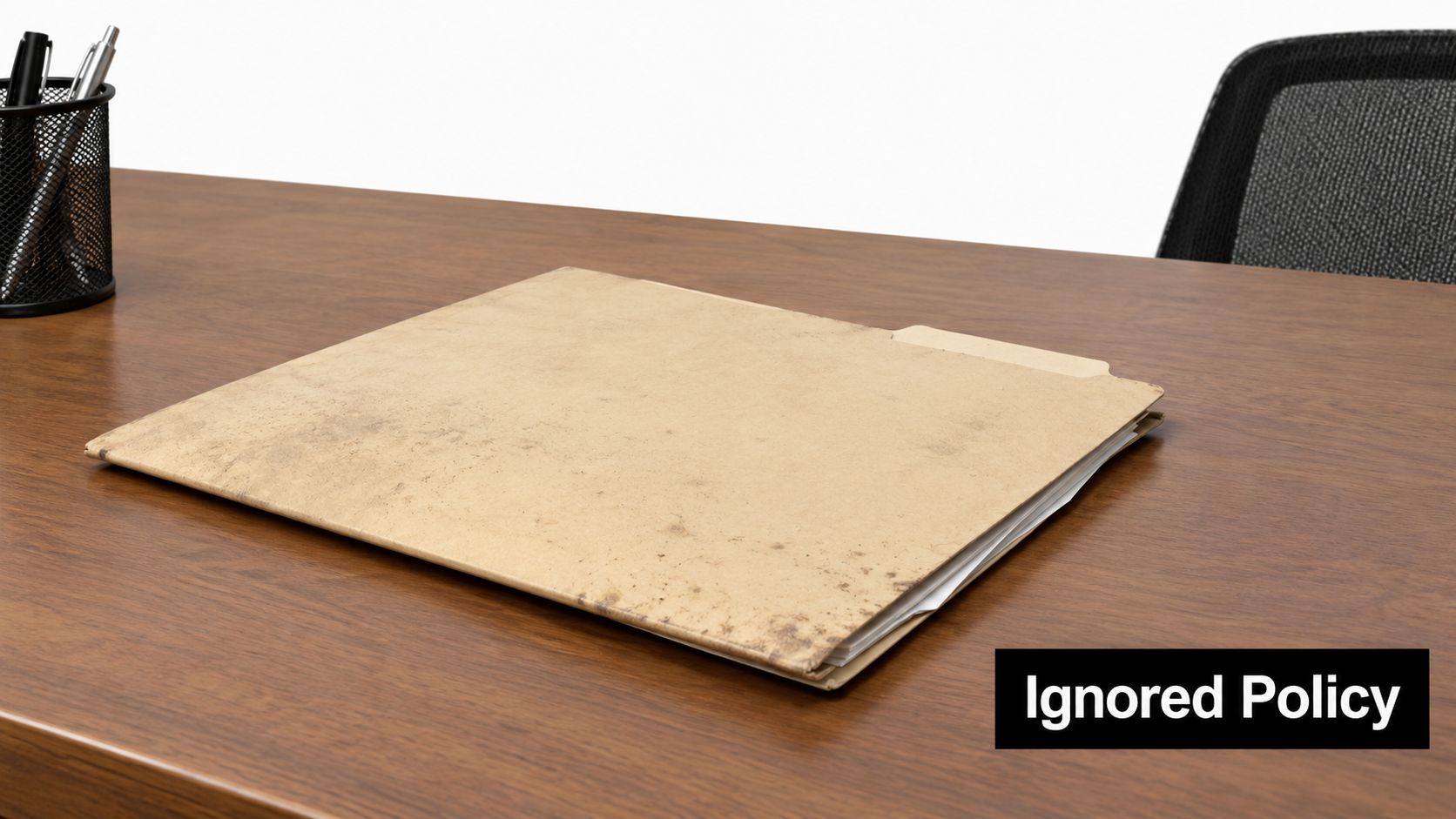 A worn tan manila file folder sitting on a polished wooden office desk with a chair.