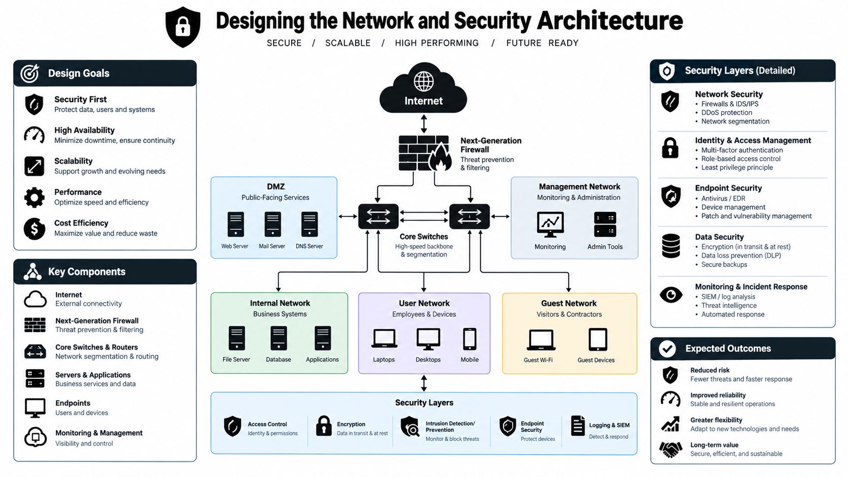 A comprehensive network and security architecture diagram illustrating various layers, design goals, and key components for businesses.