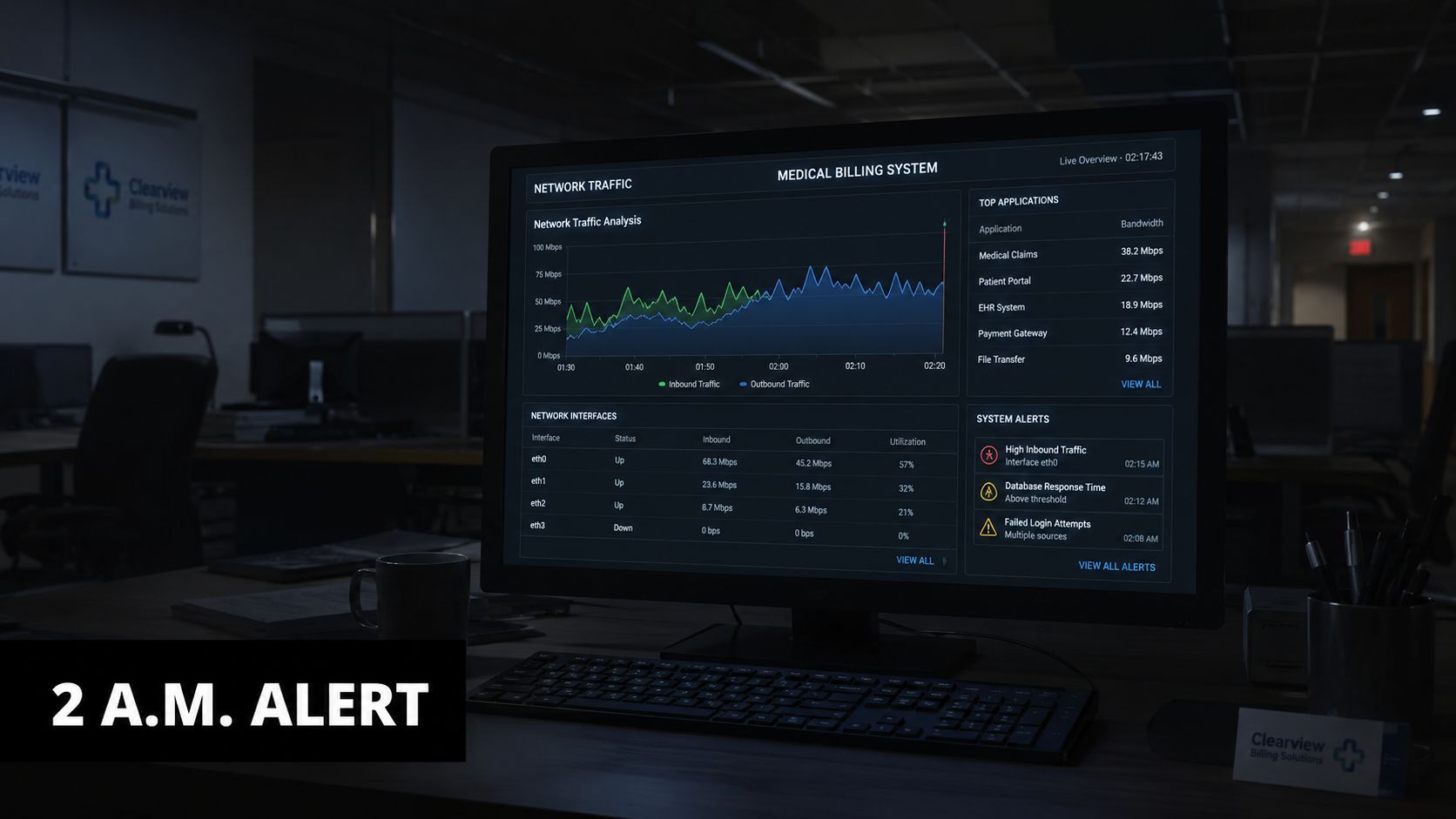A computer screen displaying a network traffic analysis dashboard with system alerts in a dark office.