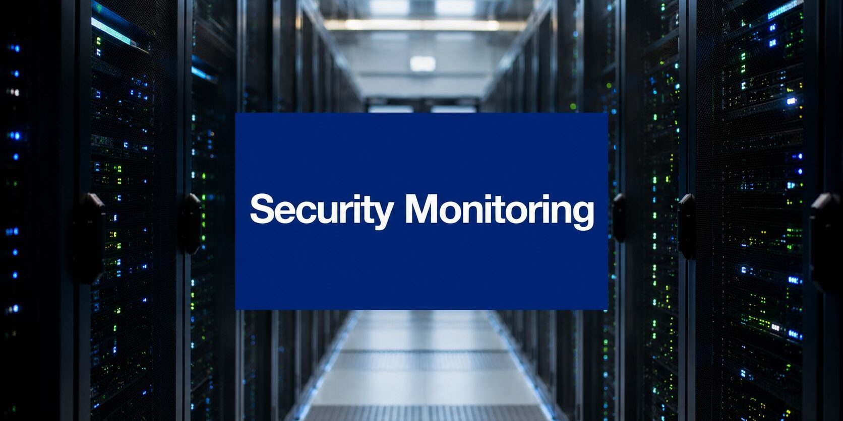 cybersecurity-monitoring-tools-security-monitoring Server racks in a data center with a blue banner reading 'Security Monitoring' in the center