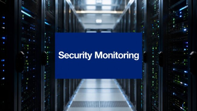 cybersecurity-monitoring-tools-security-monitoring Server racks in a data center with a blue banner reading 'Security Monitoring' in the center