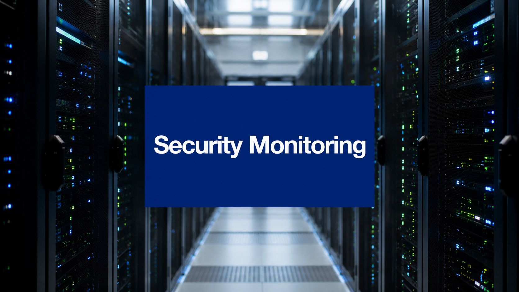 Server racks in a data center with a blue banner reading 'Security Monitoring' in the center