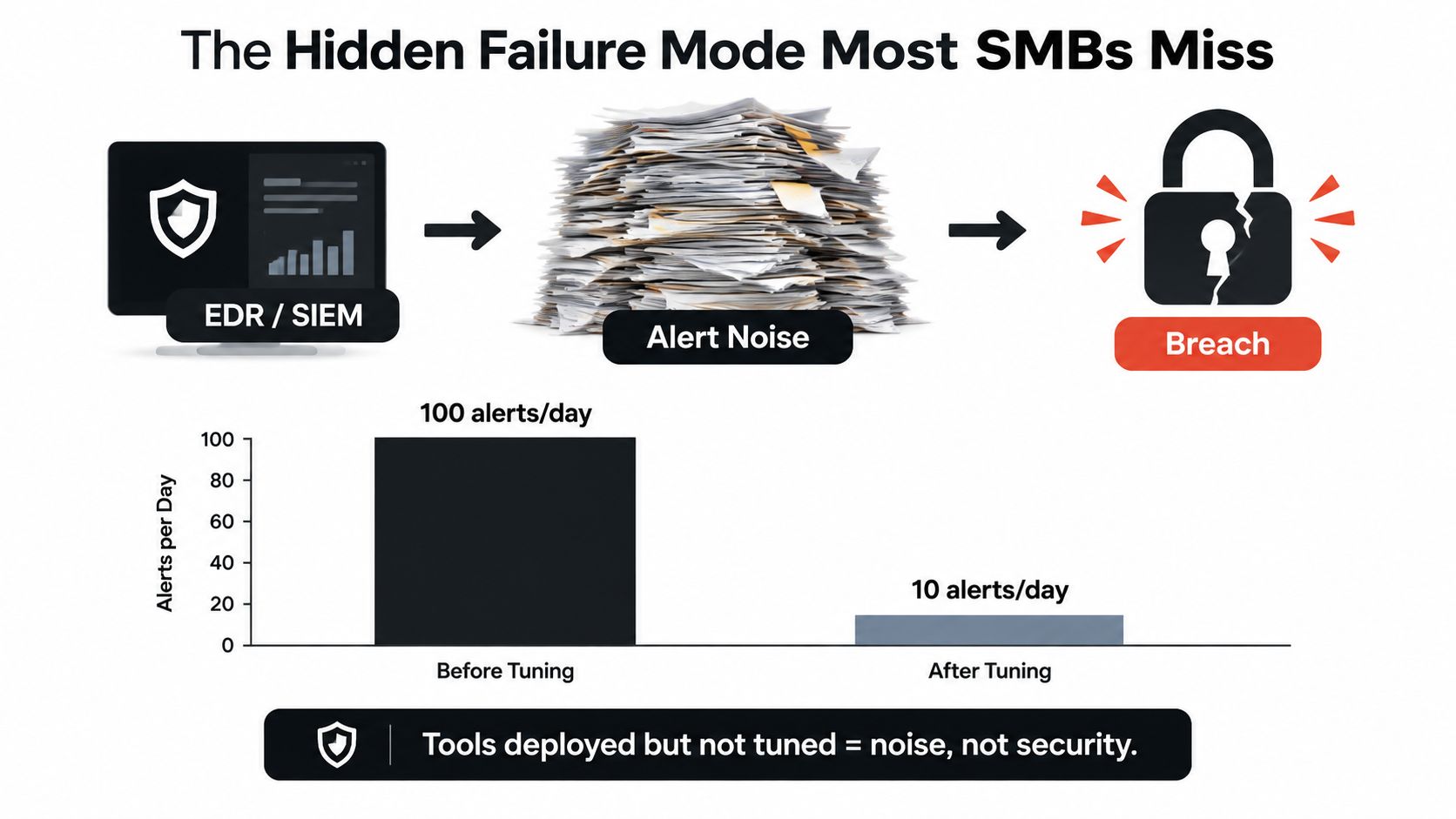 A diagram illustrating how excessive cybersecurity alert noise leads to security breaches, showing improvements after system tuning.