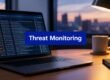 Blue 'Threat Monitoring' banner across a laptop screen displaying data on a desk at sunset.