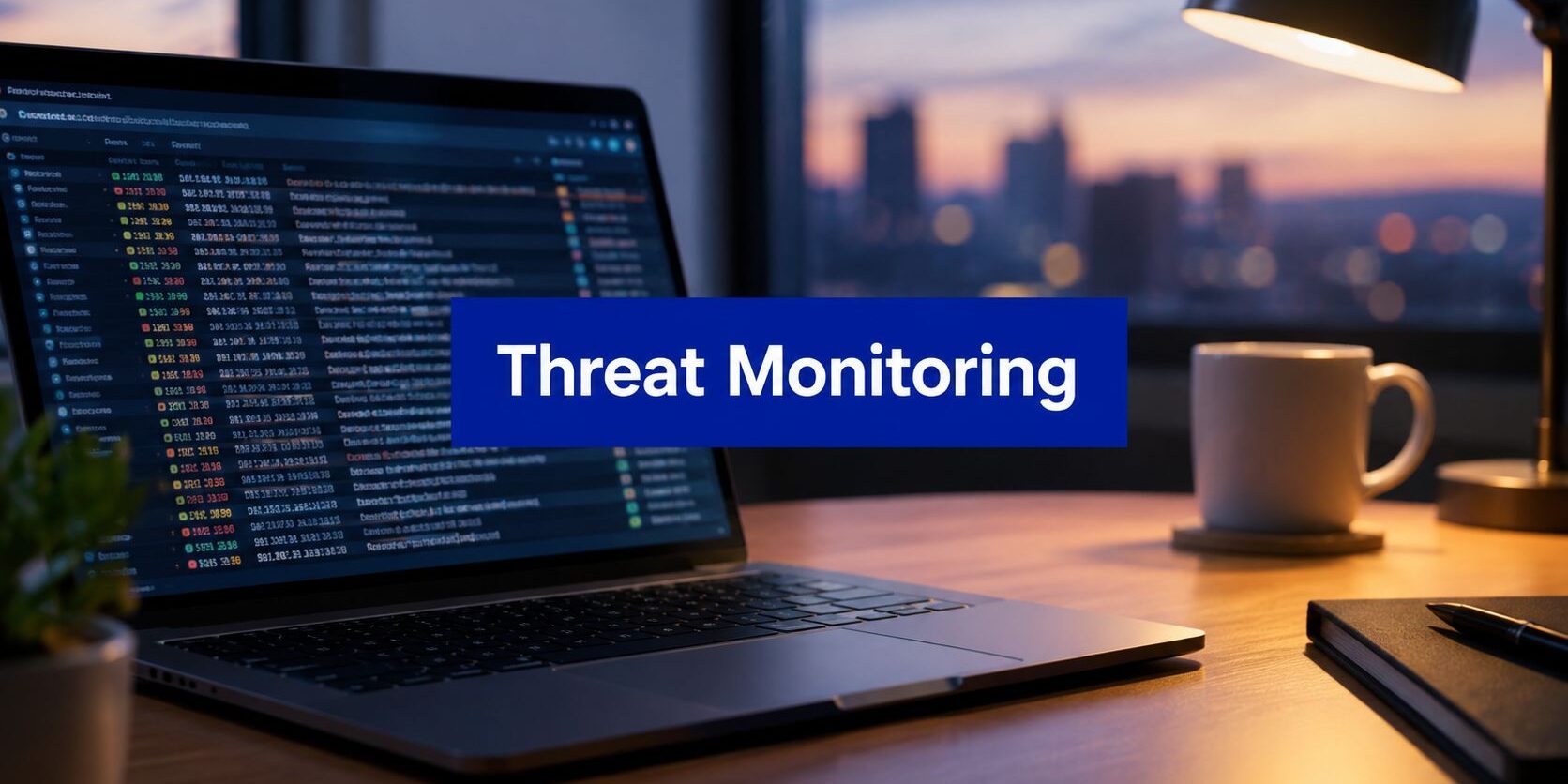 cybersecurity-threat-monitoring-threat-monitoring Blue 'Threat Monitoring' banner across a laptop screen displaying data on a desk at sunset.