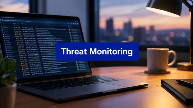 Blue 'Threat Monitoring' banner across a laptop screen displaying data on a desk at sunset.