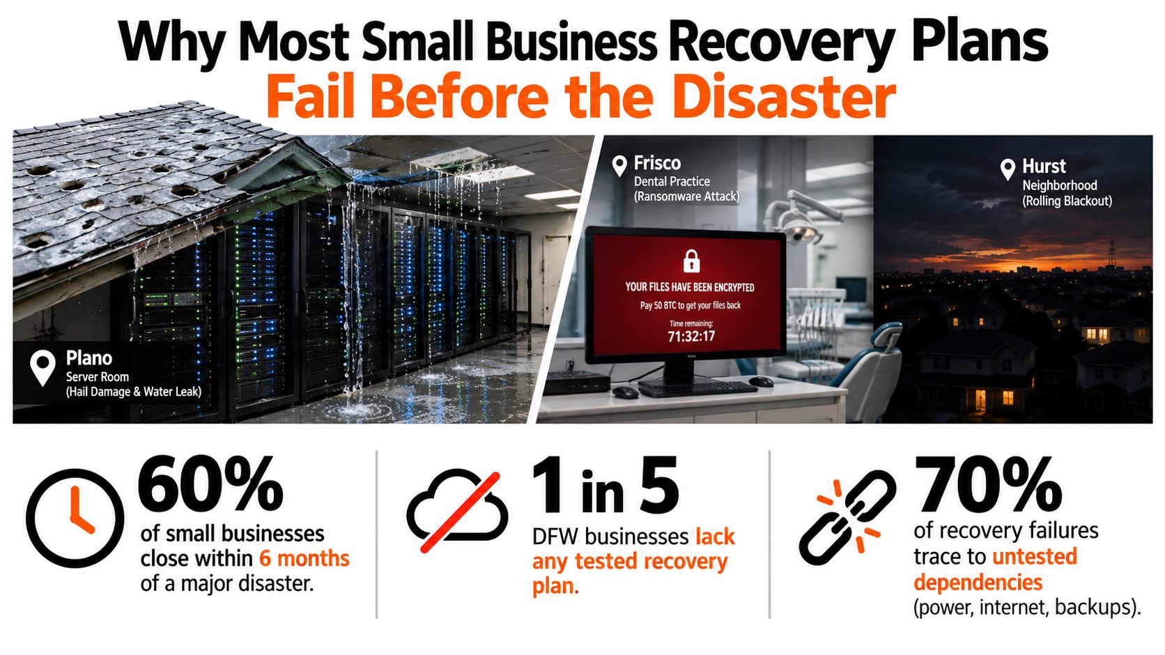 An infographic showing common disaster recovery risks for small businesses including server damage, ransomware, and power outages.
