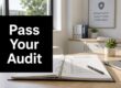 'Pass Your Audit' sign on a desk beside a compliance checklist binder and a laptop in a bright office setting