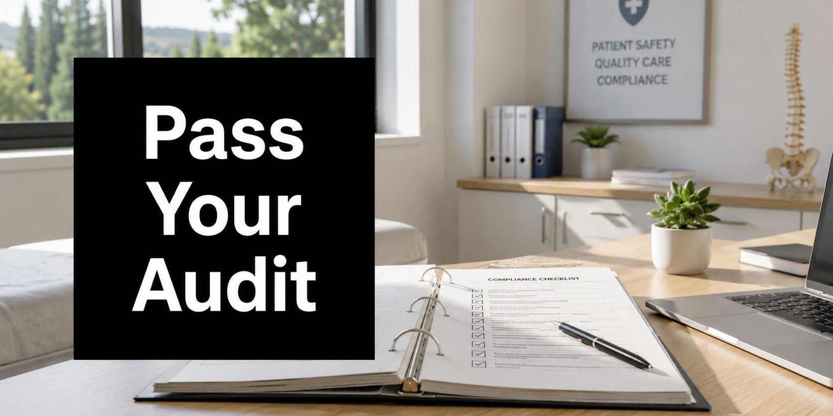 'Pass Your Audit' sign on a desk beside a compliance checklist binder and a laptop in a bright office setting