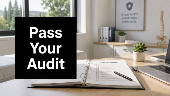 healthcare-compliance-audits-compliance-checklist 'Pass Your Audit' sign on a desk beside a compliance checklist binder and a laptop in a bright office setting