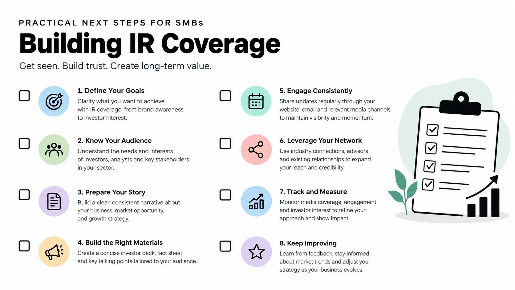 A checklist infographic outlining eight practical steps for small businesses to build effective investor relations coverage.