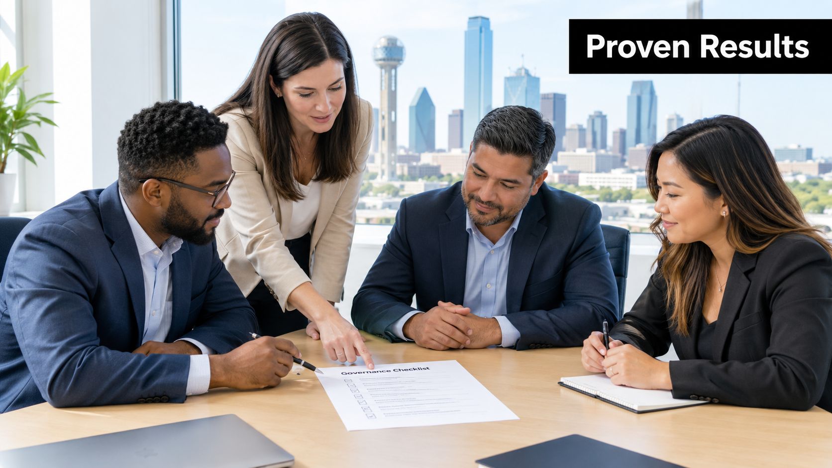 A professional team of four people collaborating on a governance checklist in a modern office with city views.