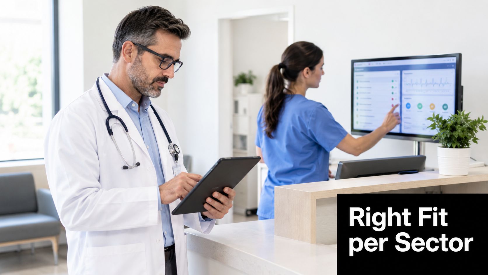 A doctor using a digital tablet while a nurse works on a medical monitoring screen nearby.