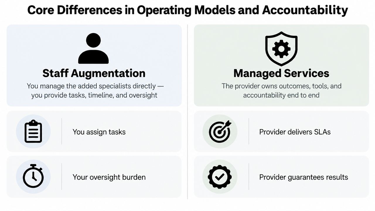 A comparison chart outlining the core differences between staff augmentation and managed services operating models.