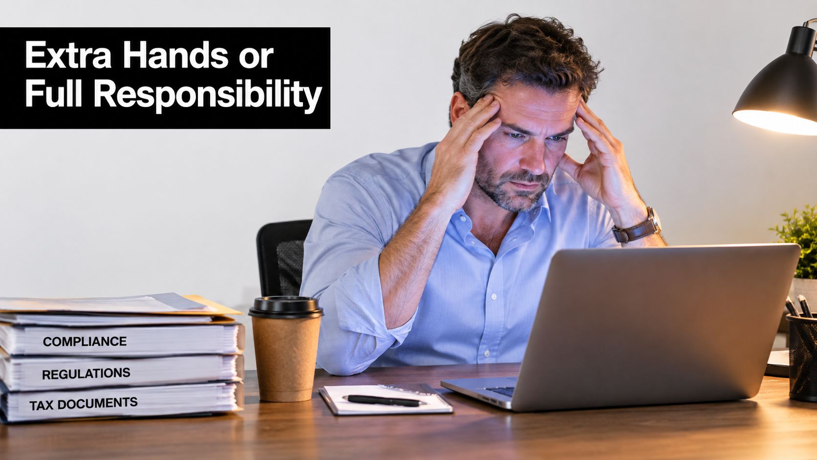 A stressed businessman working late at his desk surrounded by tax documents and compliance paperwork.
