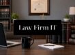 Black sign reading 'Law Firm IT' mounted above a desk with a laptop, mug, notebook, and rows of legal books in a law office setting.]