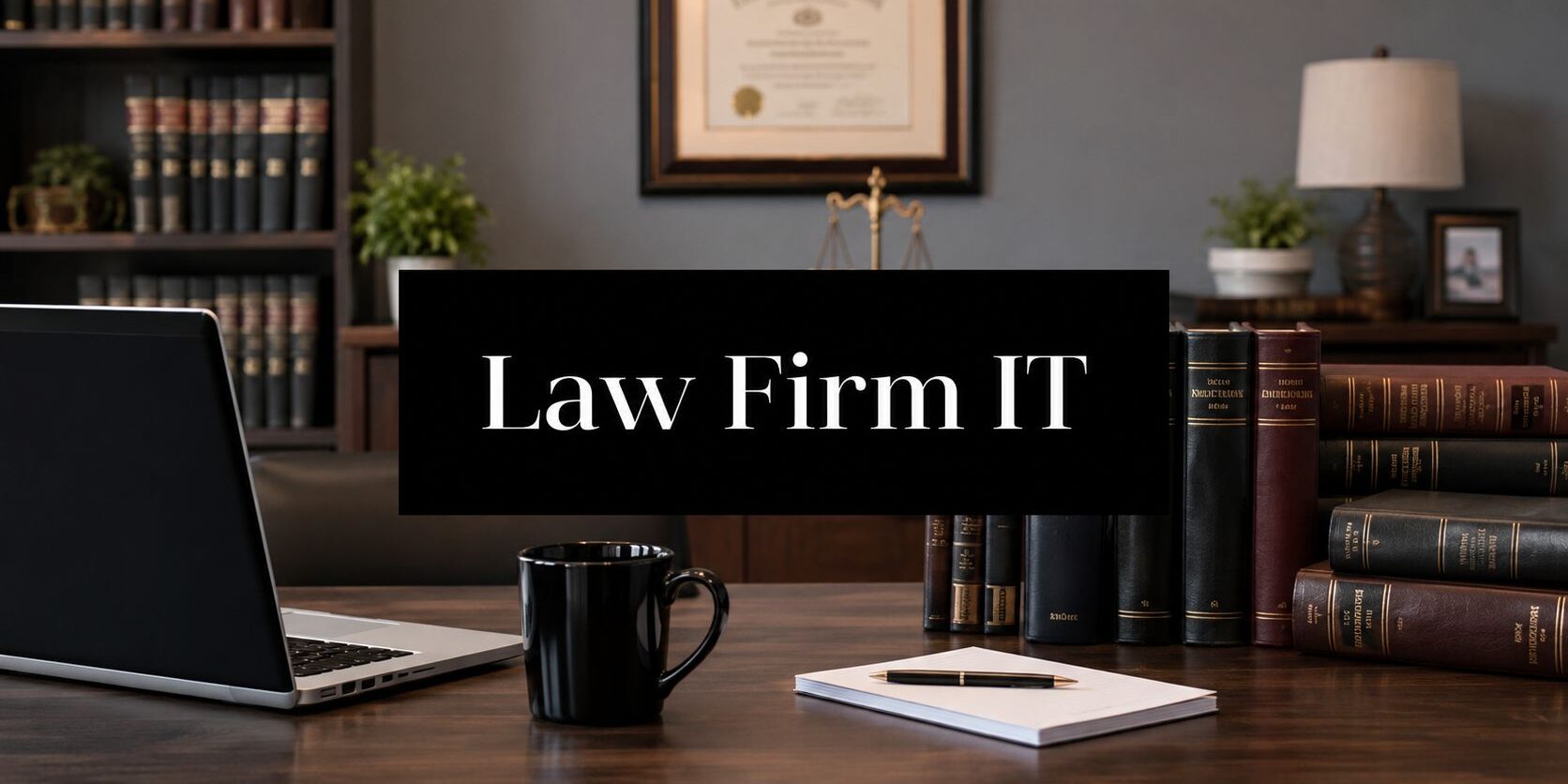 Black sign reading 'Law Firm IT' mounted above a desk with a laptop, mug, notebook, and rows of legal books in a law office setting.]