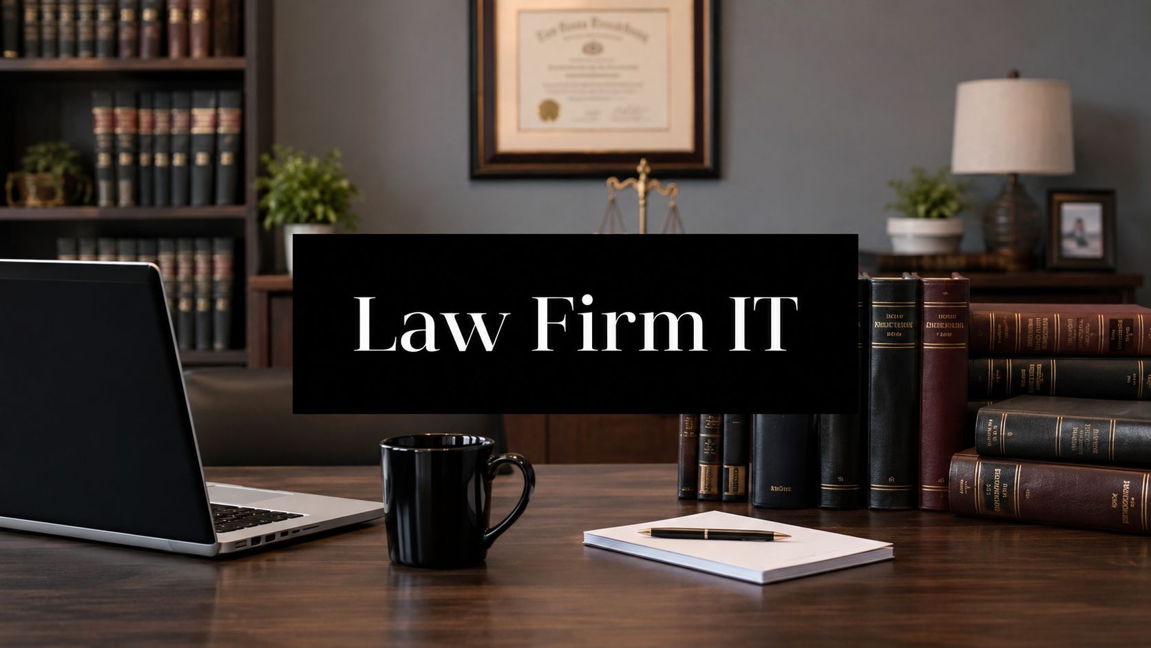 Black sign reading 'Law Firm IT' mounted above a desk with a laptop, mug, notebook, and rows of legal books in a law office setting.]