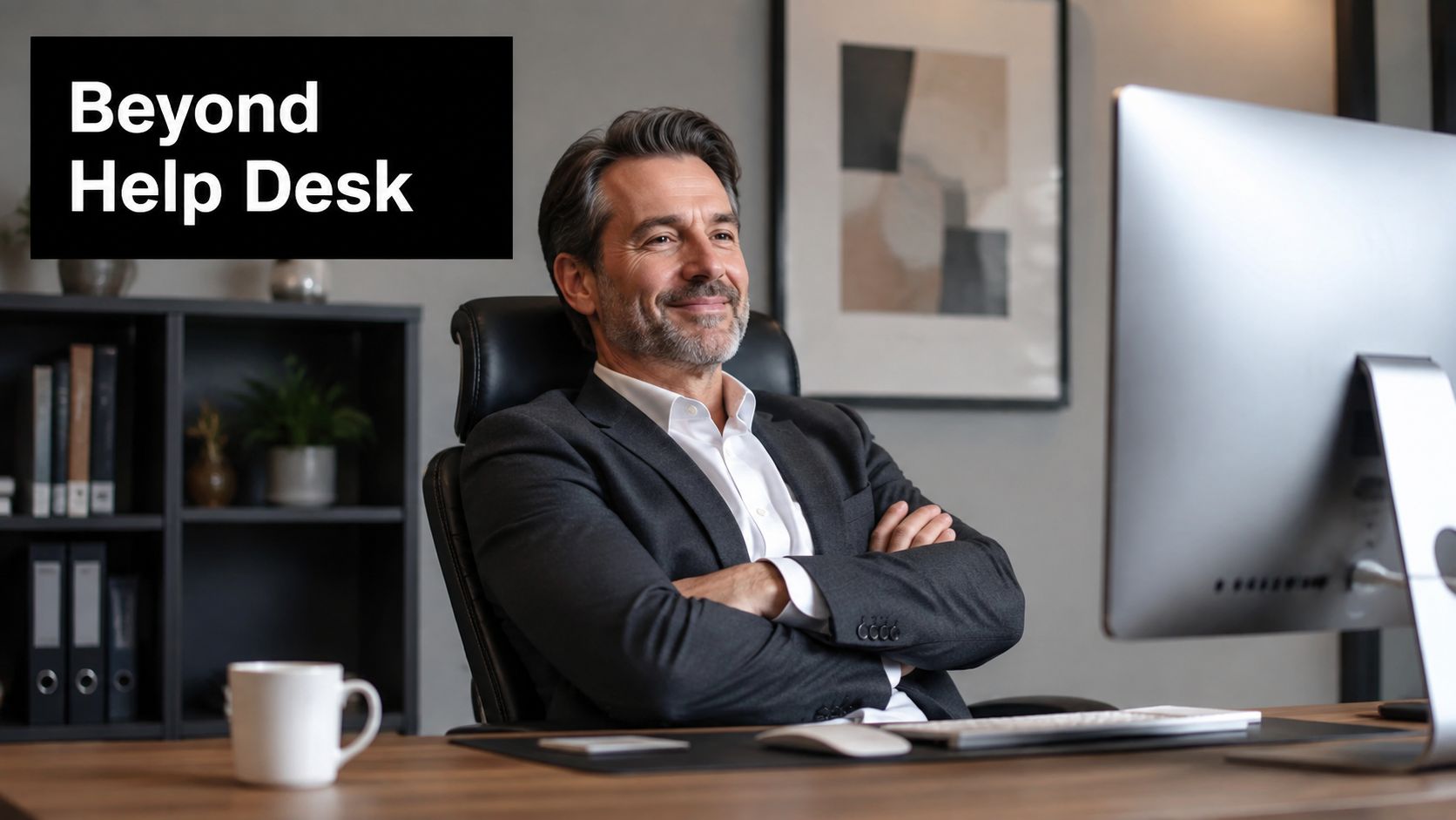 A professional man in a suit sits at his desk smiling while looking at his computer monitor.