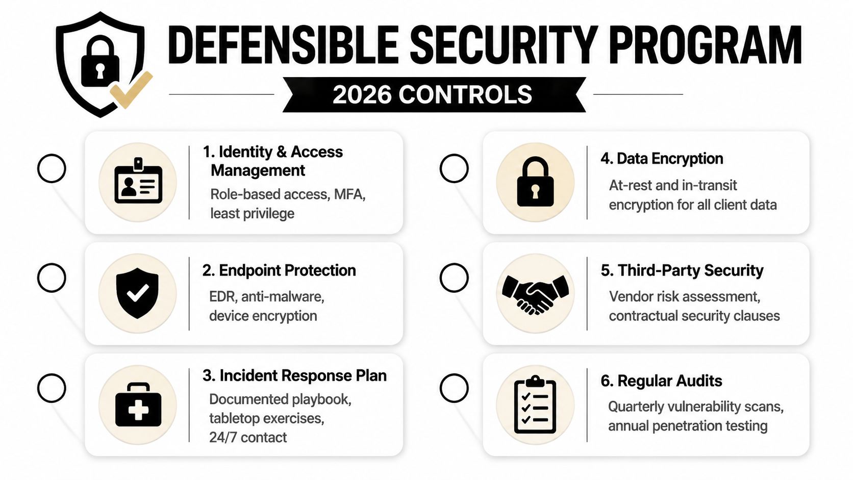 A checklist of six key components for a 2026 defensible security program for professional firms.