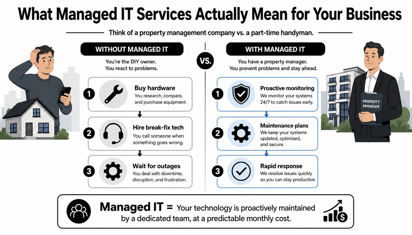 An infographic comparing the reactive process of managing IT internally versus the benefits of professional managed IT services.