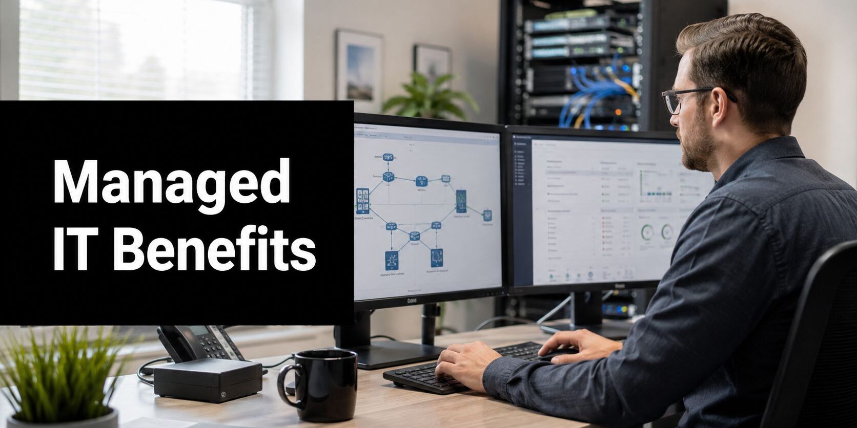 Man sits at a desk with two computer monitors displaying network diagrams; large text on the left reads 'Managed IT Benefits'.