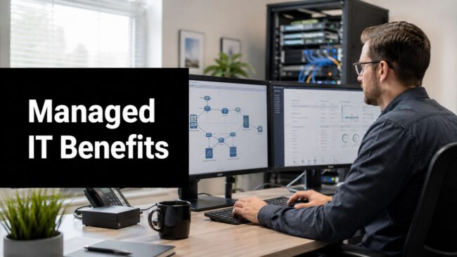 managed-it-services-benefits-it-specialist Man sits at a desk with two computer monitors displaying network diagrams; large text on the left reads 'Managed IT Benefits'.