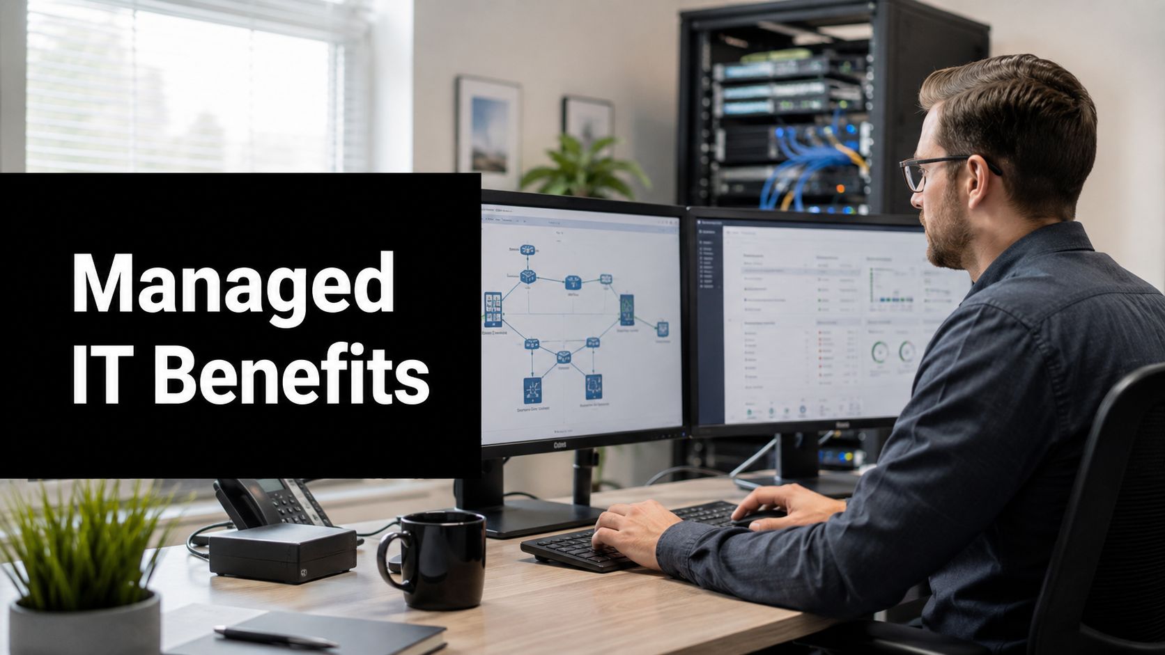 Man sits at a desk with two computer monitors displaying network diagrams; large text on the left reads 'Managed IT Benefits'.