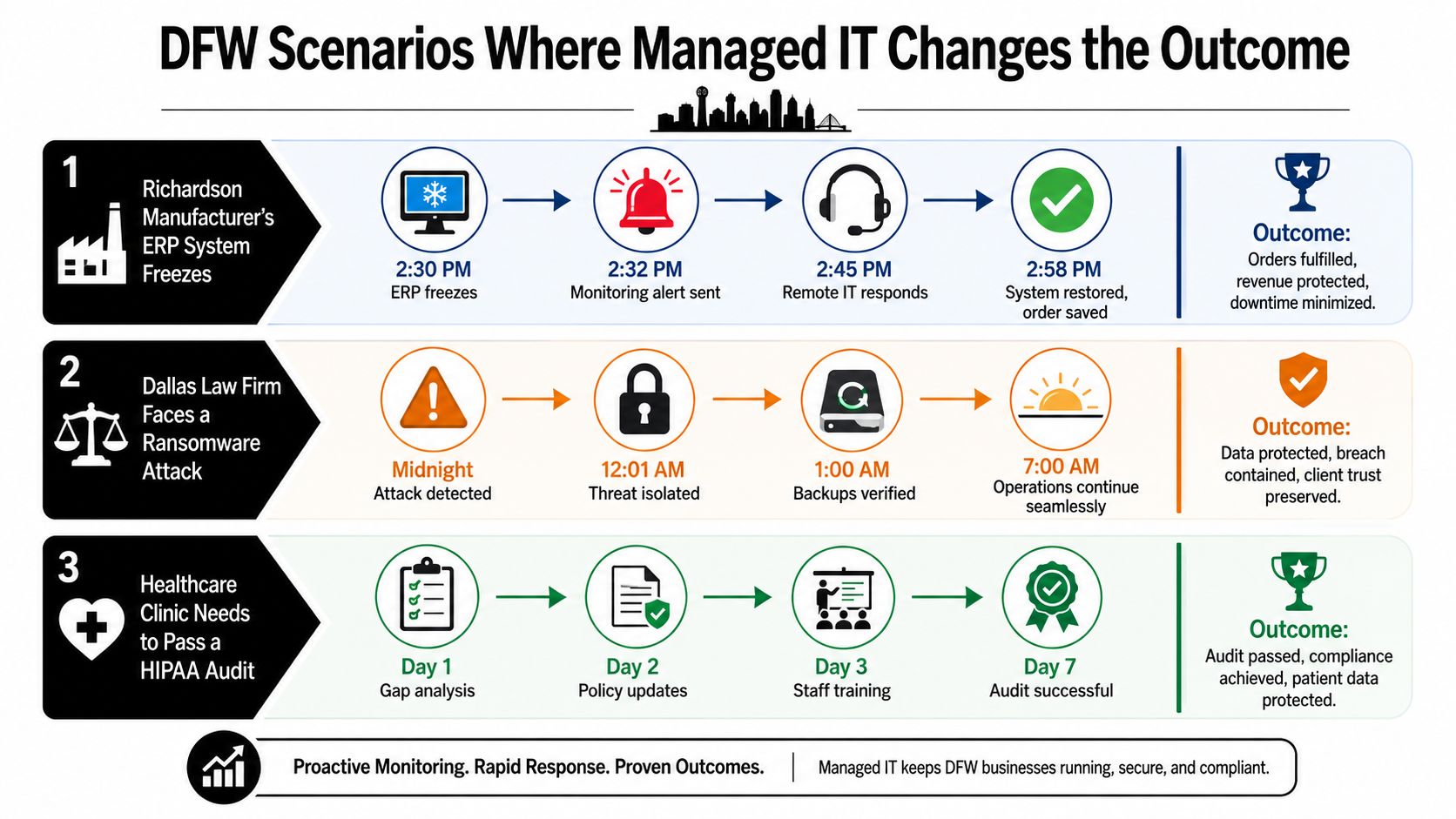 An infographic illustrating three scenarios where managed IT services improve business outcomes for DFW organizations.