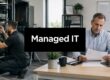 IT professionals in a server room and an office, illustrating managed IT services