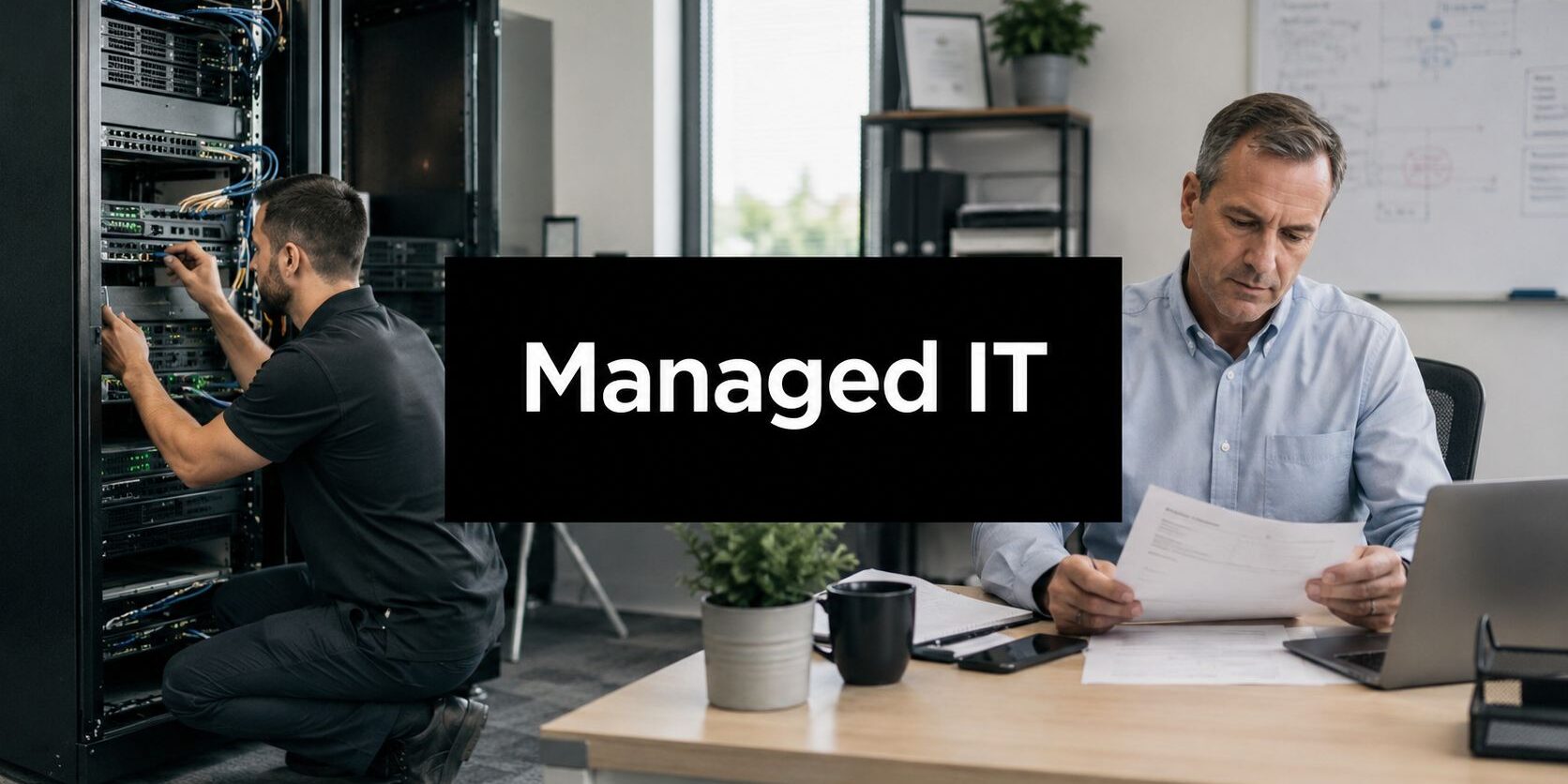 managed-it-services-provider-it-support IT professionals in a server room and an office, illustrating managed IT services