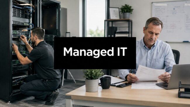IT professionals in a server room and an office, illustrating managed IT services