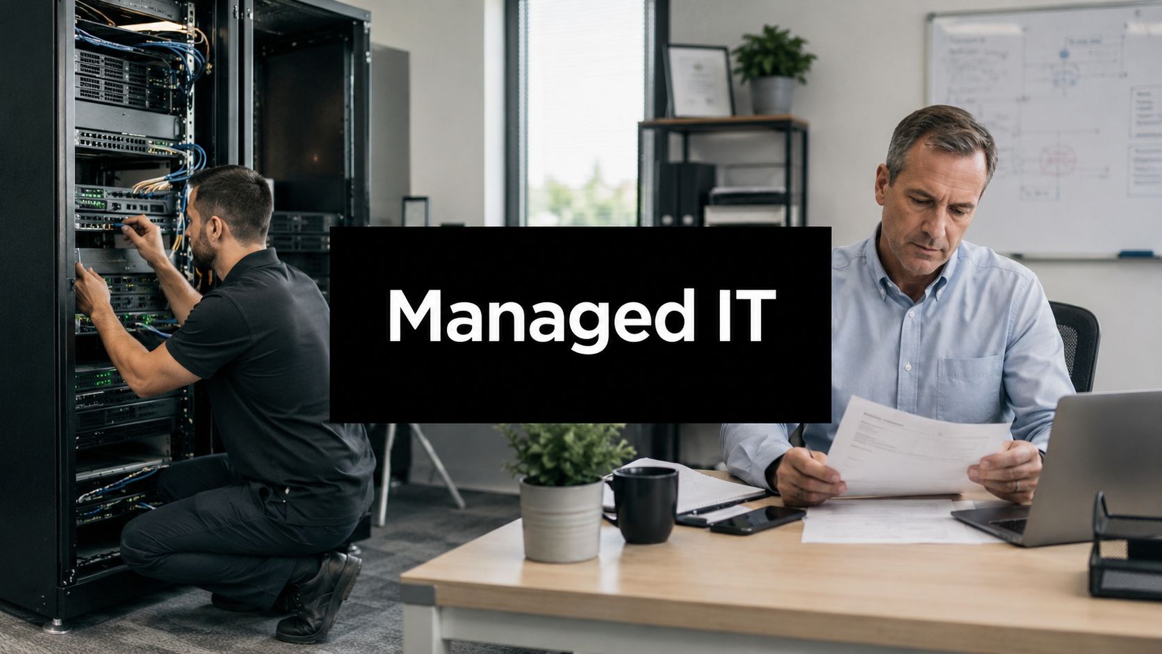 IT professionals in a server room and an office, illustrating managed IT services