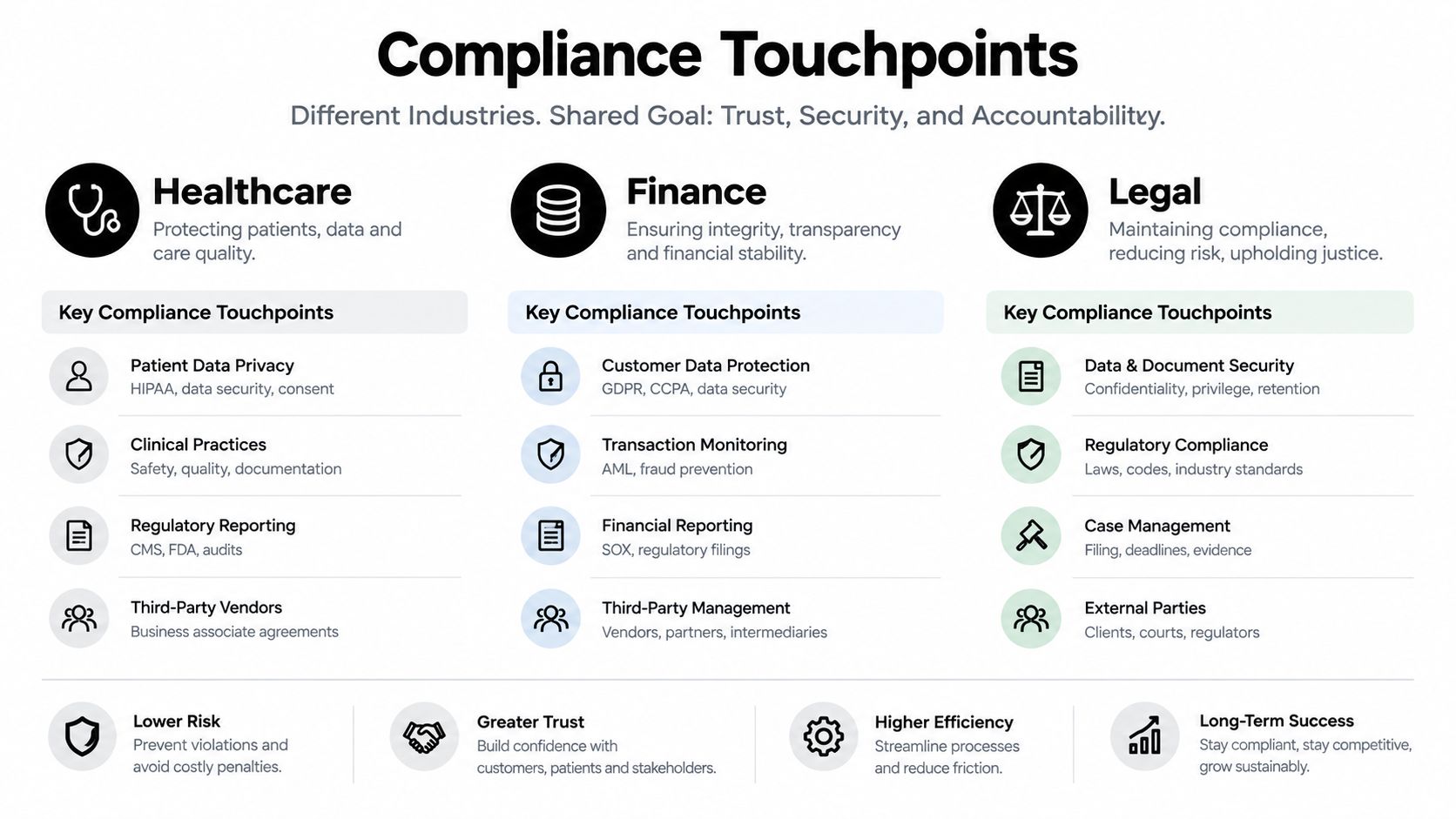 An infographic detailing compliance touchpoints and shared goals across the healthcare, finance, and legal industries.