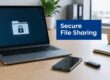 Laptop on a wooden desk shows a folder with a lock on screen and a blue banner reading 'Secure File Sharing' nearby, illustrating secure data sharing.