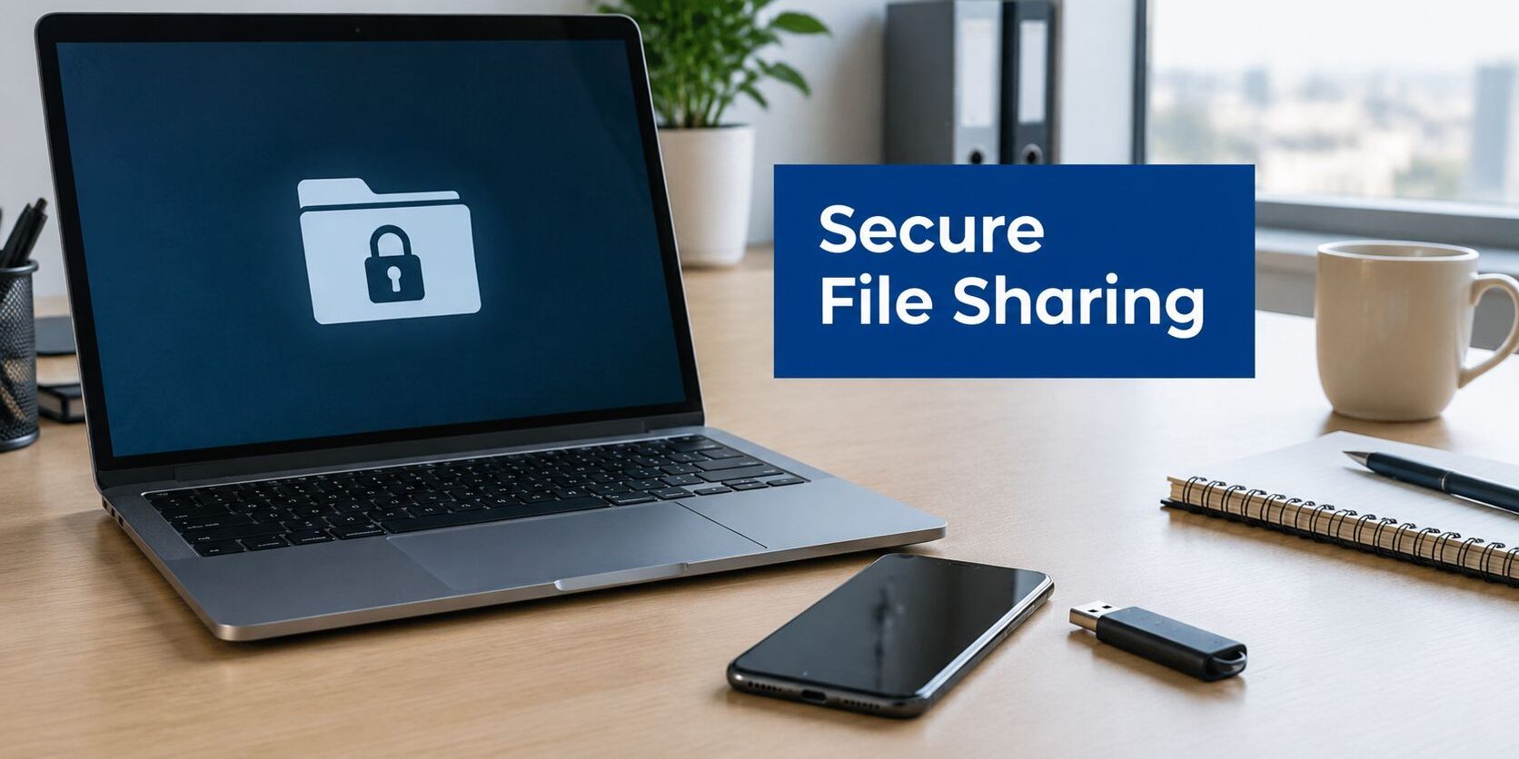 secure-file-sharing-laptop-setup Laptop on a wooden desk shows a folder with a lock on screen and a blue banner reading 'Secure File Sharing' nearby, illustrating secure data sharing.