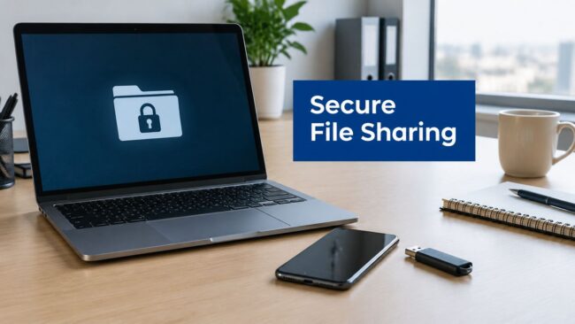 secure-file-sharing-laptop-setup Laptop on a wooden desk shows a folder with a lock on screen and a blue banner reading 'Secure File Sharing' nearby, illustrating secure data sharing.