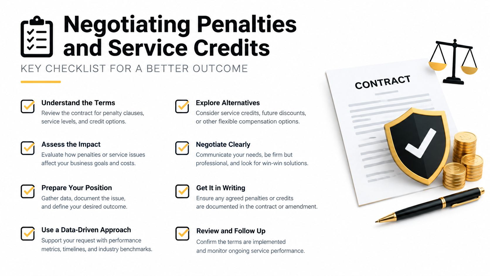 A checklist infographic titled Negotiating Penalties and Service Credits showing steps to handle contract issues effectively.