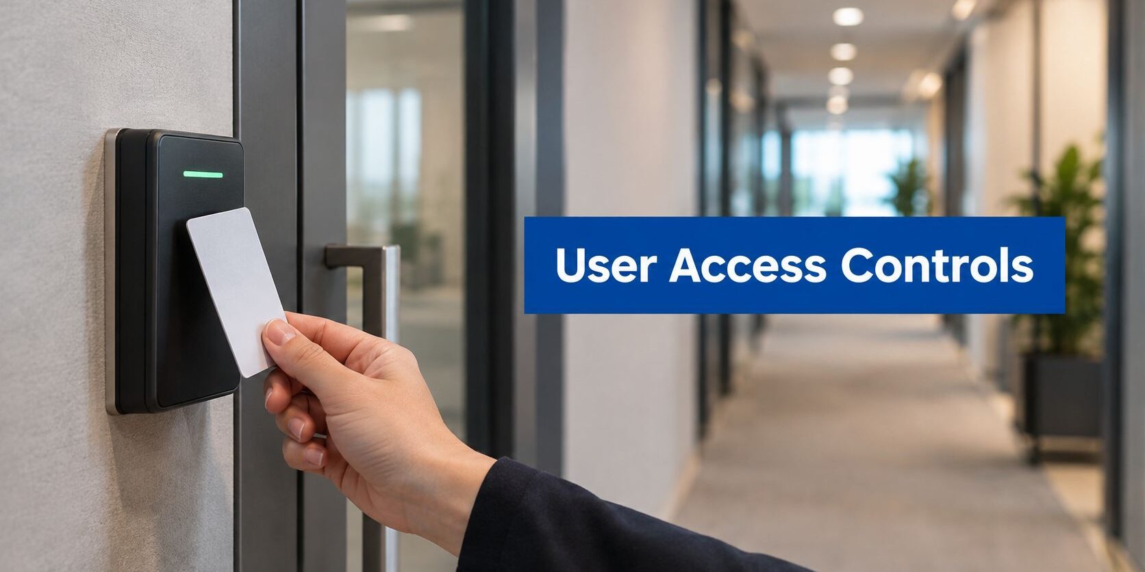 user-access-controls-door-access Person holds a white access card up to a door reader in a hallway; blue sign reads 'User Access Controls' nearby.