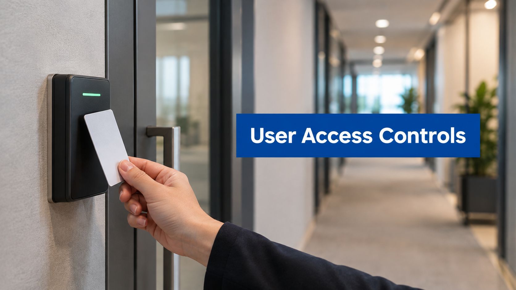 Person holds a white access card up to a door reader in a hallway; blue sign reads 'User Access Controls' nearby.