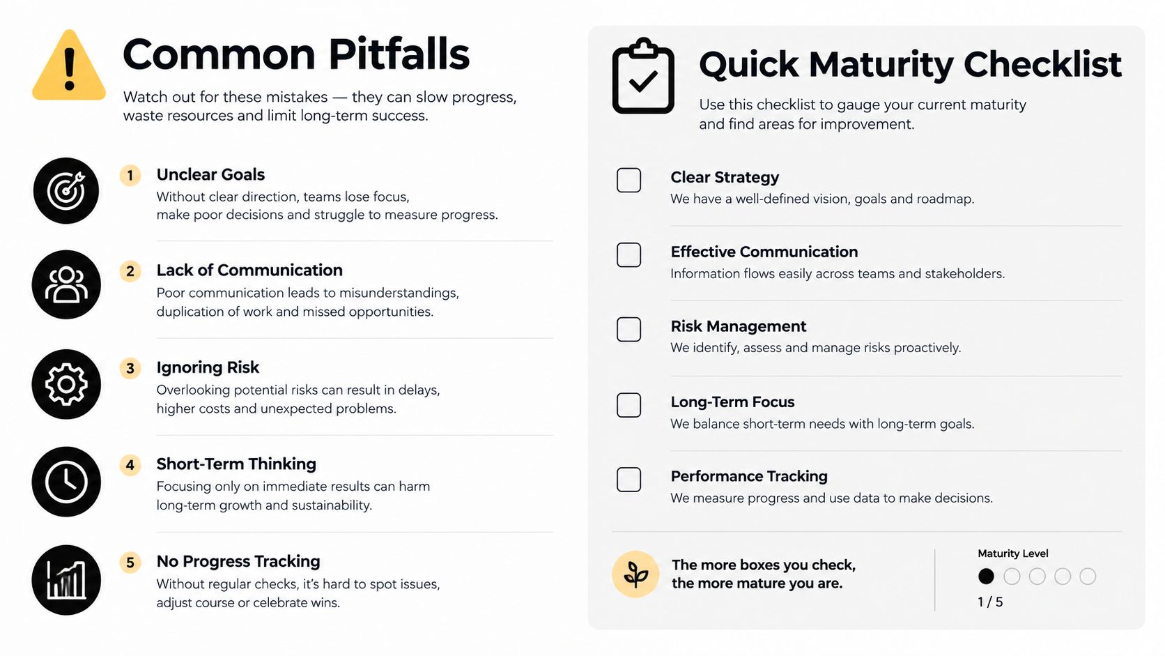 An infographic comparing common business pitfalls with a quick maturity checklist for evaluating organizational progress.
