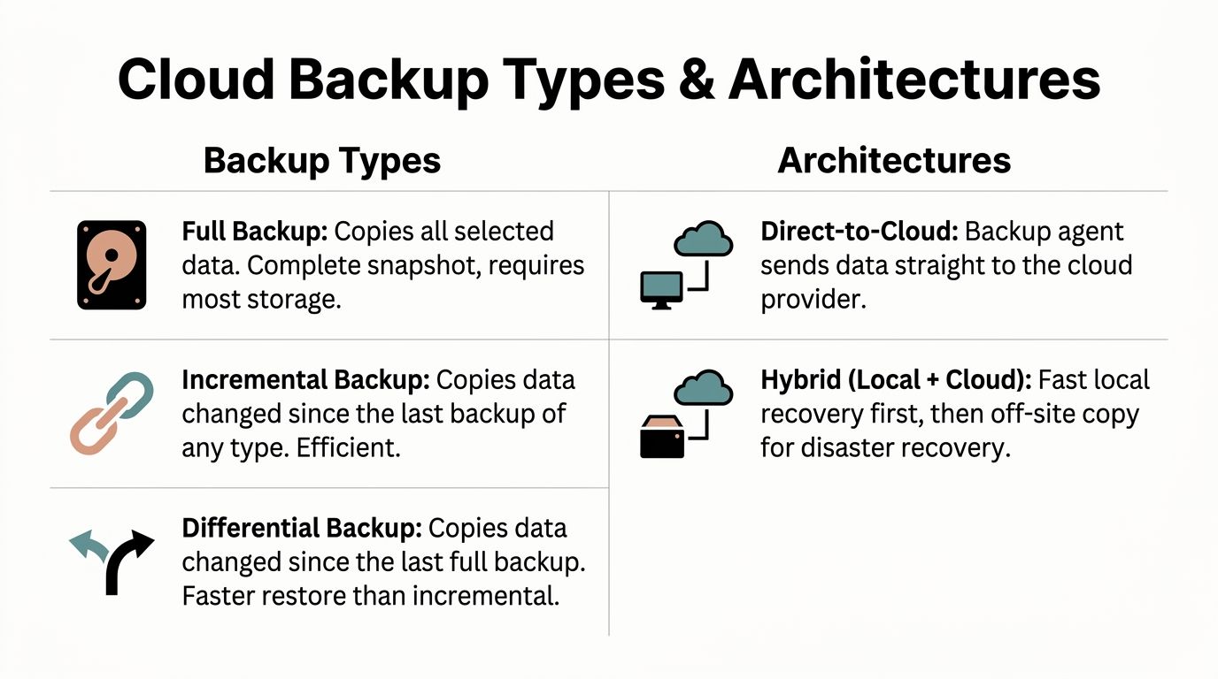 A diagram comparing different types of cloud backups and their underlying storage architectures for data management.